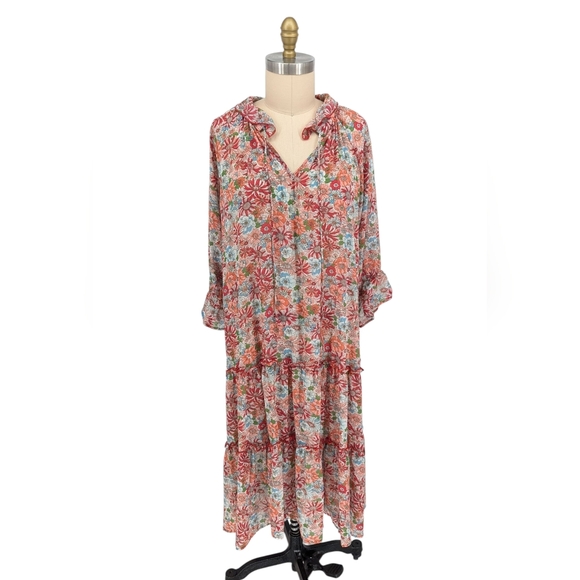 30125 Umgee Floral Tunic Midi Dress Red size Large bohemian resortwear spring - Picture 1 of 7